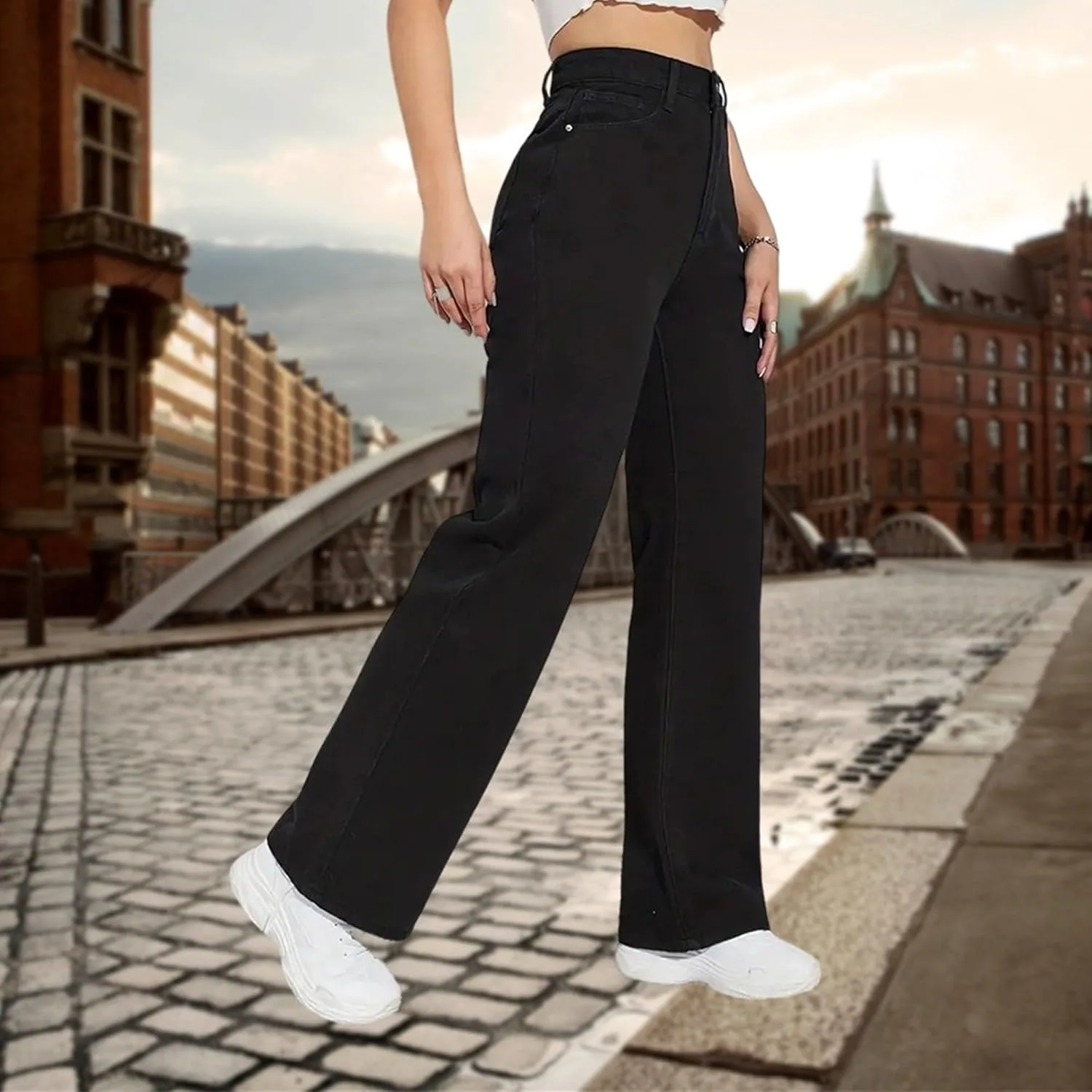 Женские джинсы Petite Wide Leg High Waisted Baggy Stretch Denim с карманами — фото 4