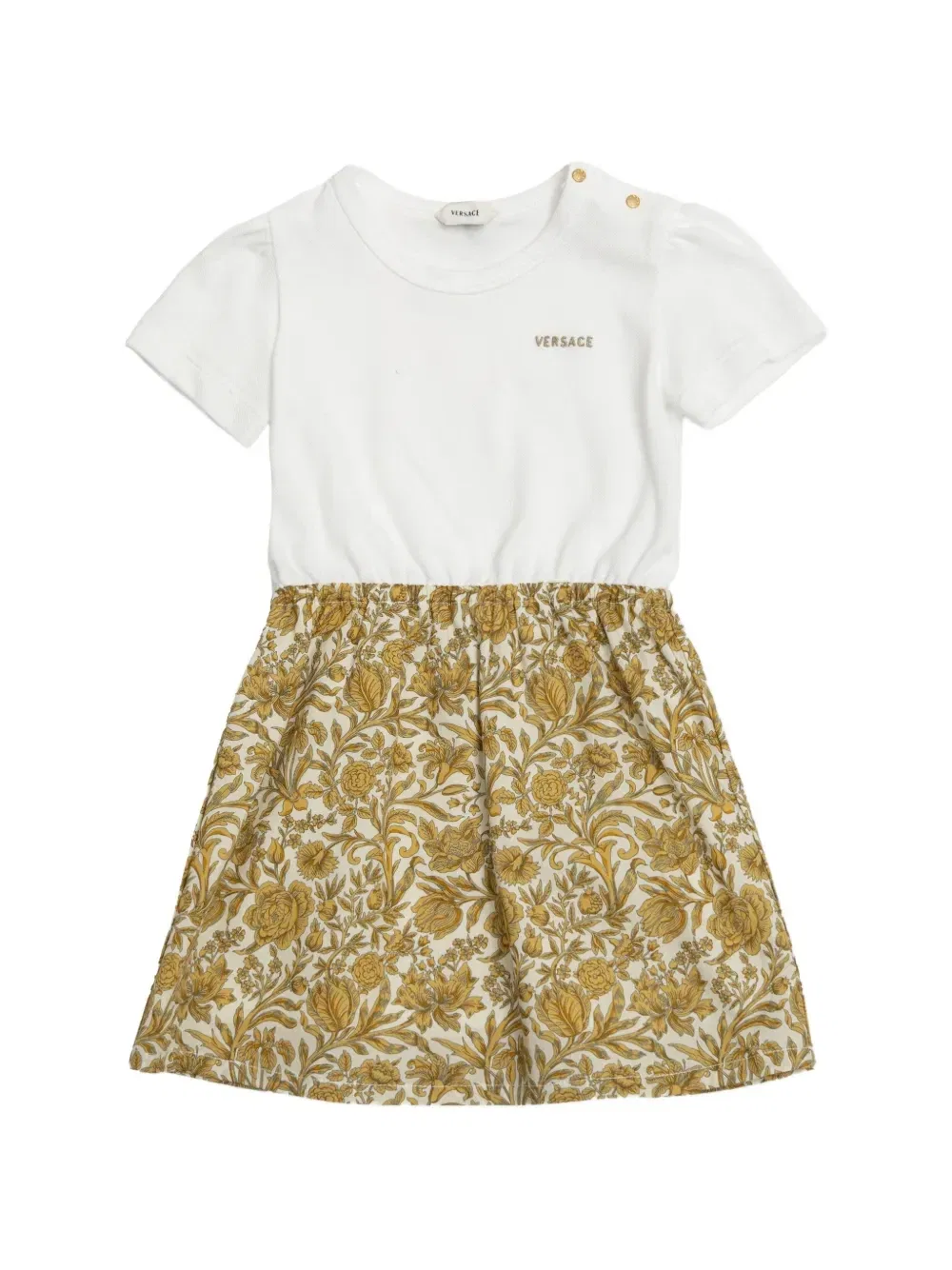 Платье с цветочным принтом и пуговицами на плечах Versace Kids, белый