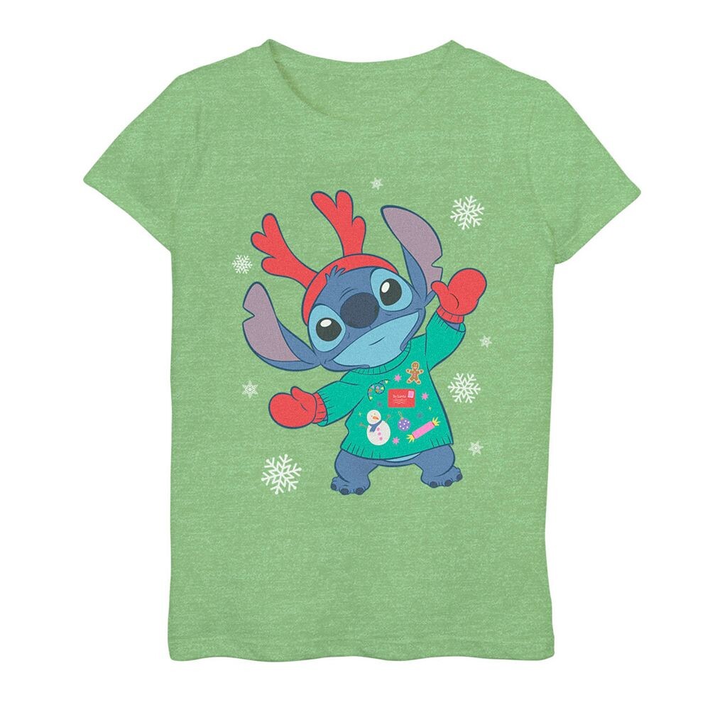 

Рождественский свитер Disney's Lilo & Stitch Футболка с рисунком Stitch для девочек, цвет Green Apple