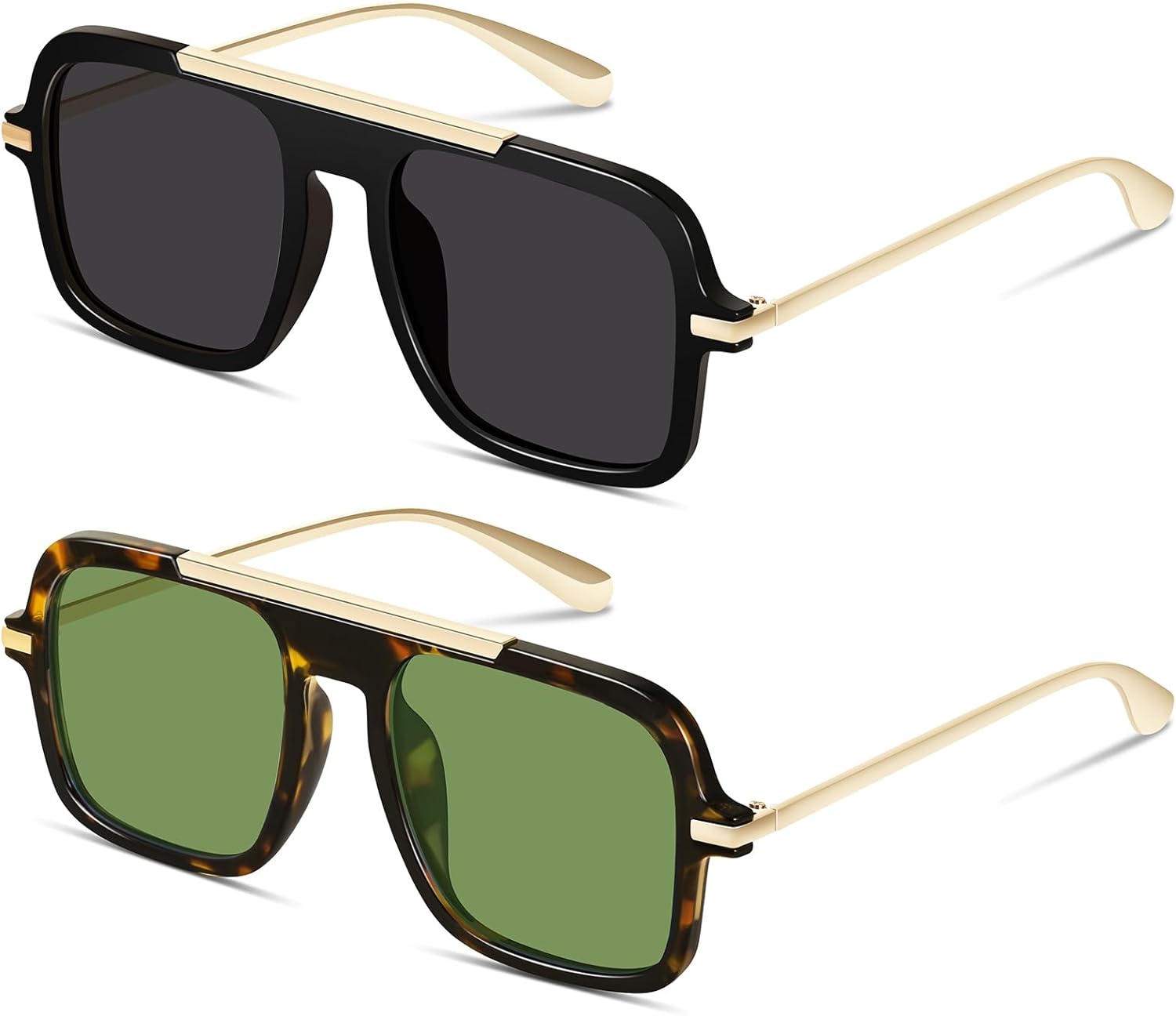 

Модные солнцезащитные очки-авиаторы для женщин и мужчин, ретро-квадратные, в стиле 70-х, винтажные, металлические, дизайнерские, с защитой от УФ-излучения YMRFW, 2pack (Black/Gray+tortoise/Light Green)