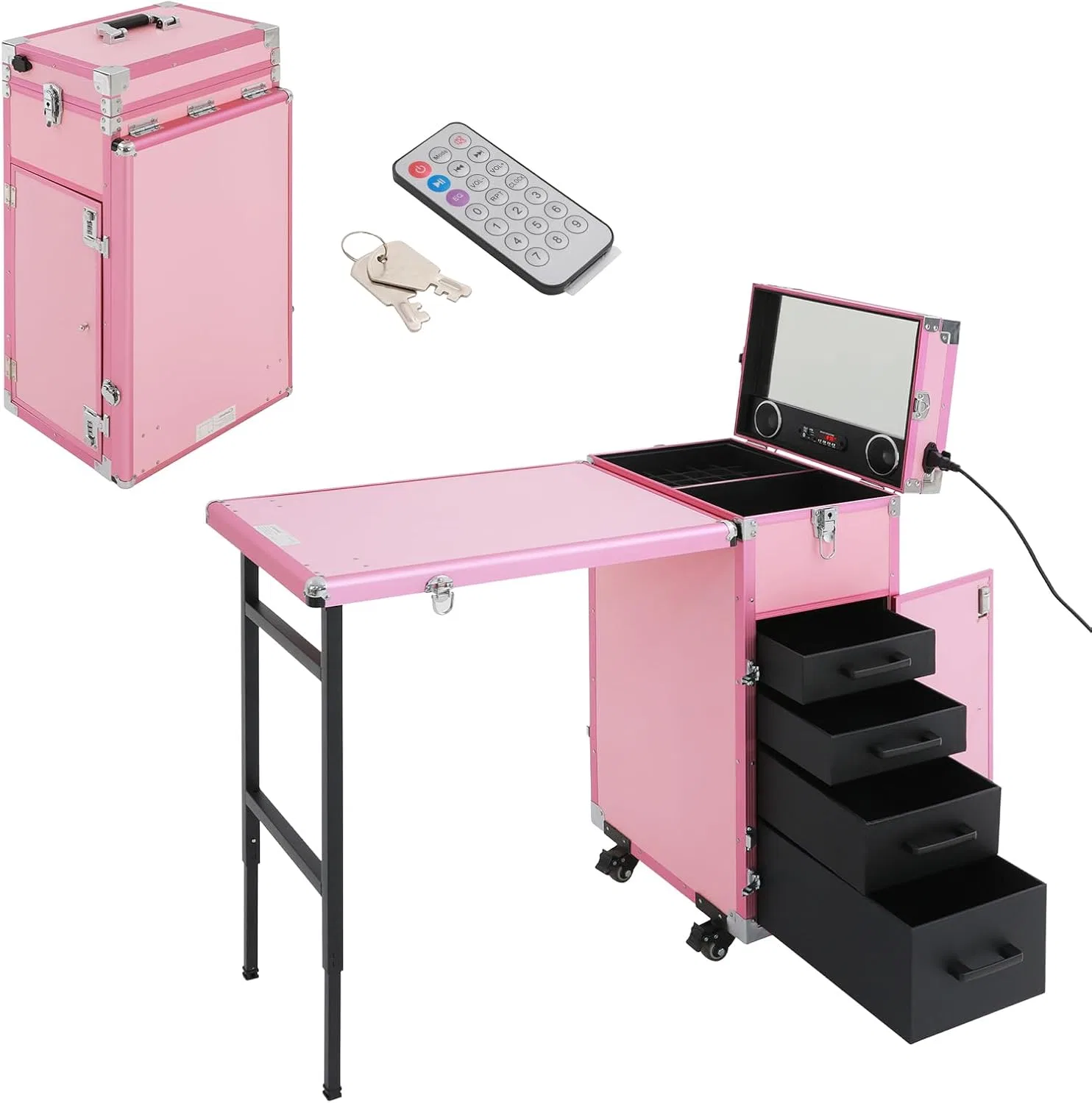 Складной мобильный маникюрный стол на колесиках с пультом и кейсом Dhqcql, Pink