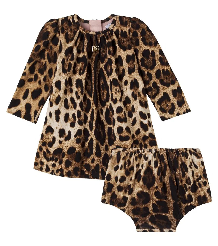 Детское хлопковое платье с леопардовым принтом Dolce&Gabbana Kids, коричневый