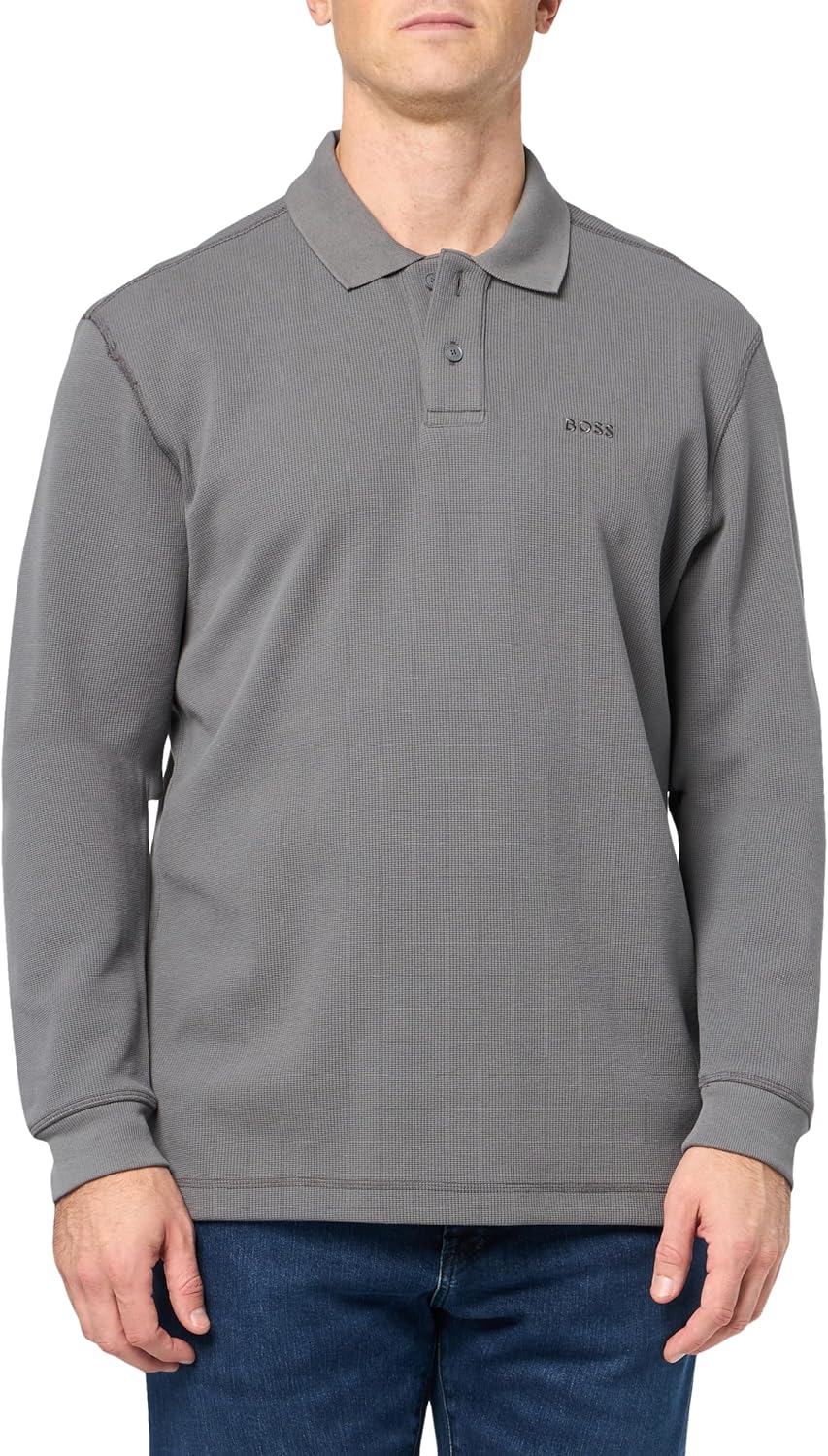 

BOSS Мужская поло с длинным рукавом и маленьким логотипом, Mushroom Grey, Серый, BOSS Мужская поло с длинным рукавом и маленьким логотипом, Mushroom Grey