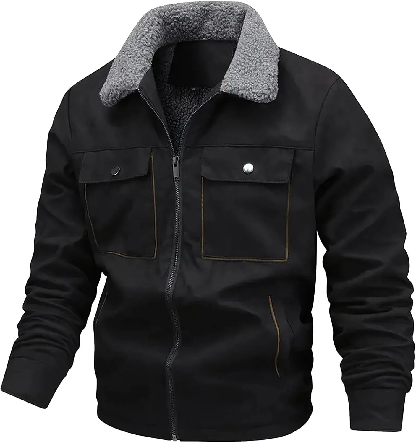 Зимнее пальто для мужчин Sherpa Fleece Lined Jacket с полной застежкой-молнией, утепленная верхняя одежда, винтажное зимнее пальто Generic, черный — фото 2