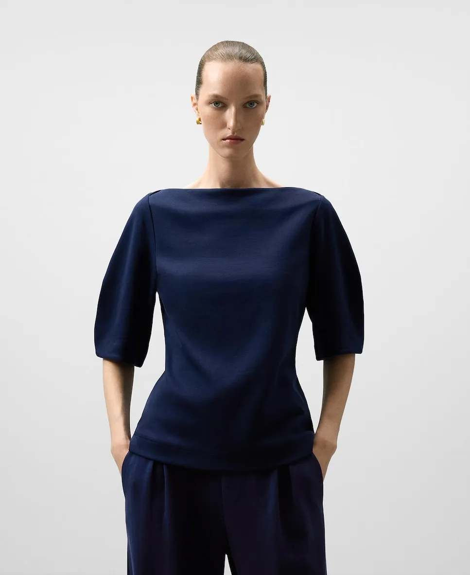 

Женский топ с вырезом лодочка и пышными рукавами Adolfo Dominguez, темно-синий