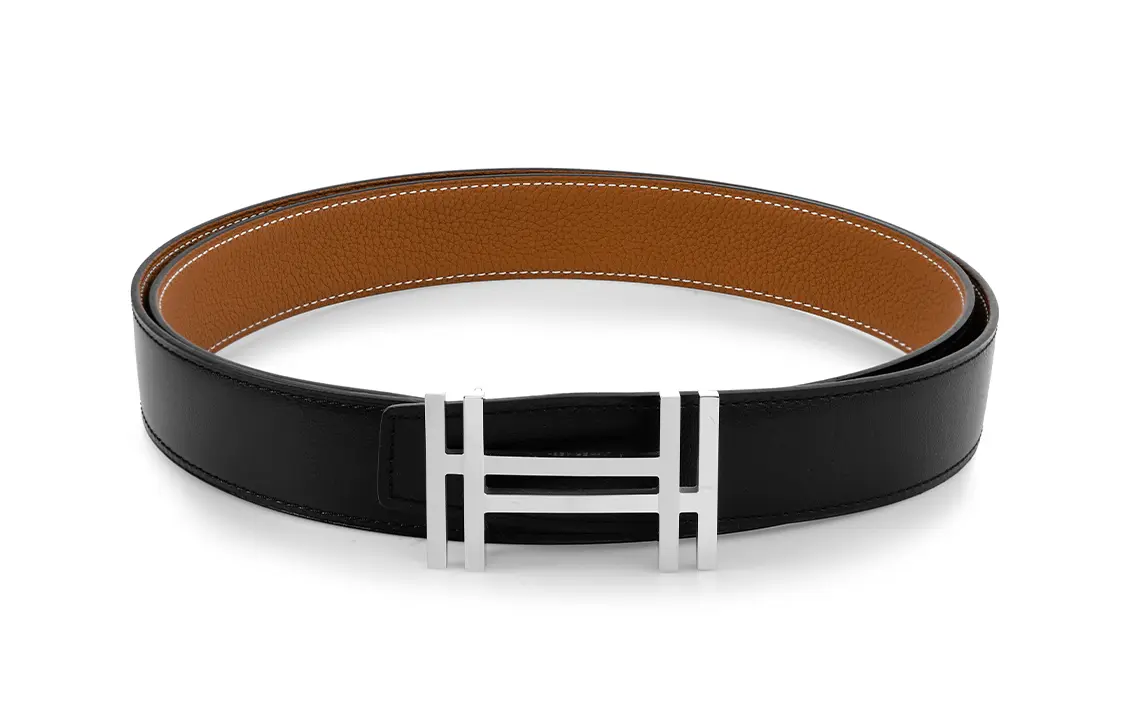HERMES Мужской ремень из коровьей кожи черный с золотым ширина 3.2 см, Black/Gold — фото 3