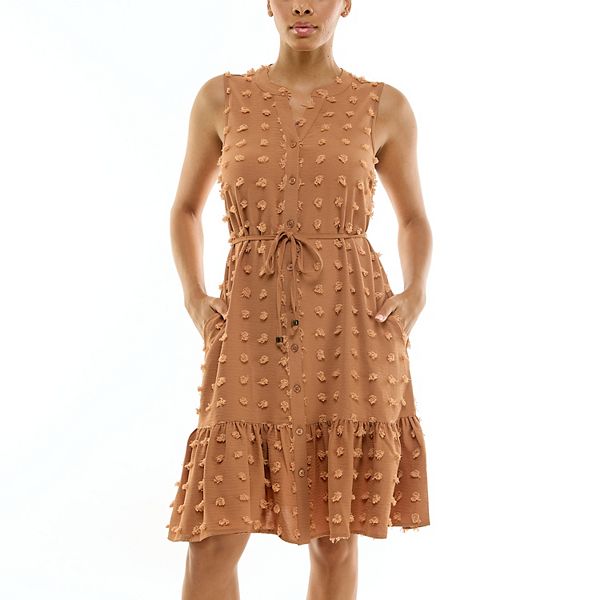 

Женское платье с воротником-стойкой на пуговицах и рюшами по подолу Nina Leonard, French Beige