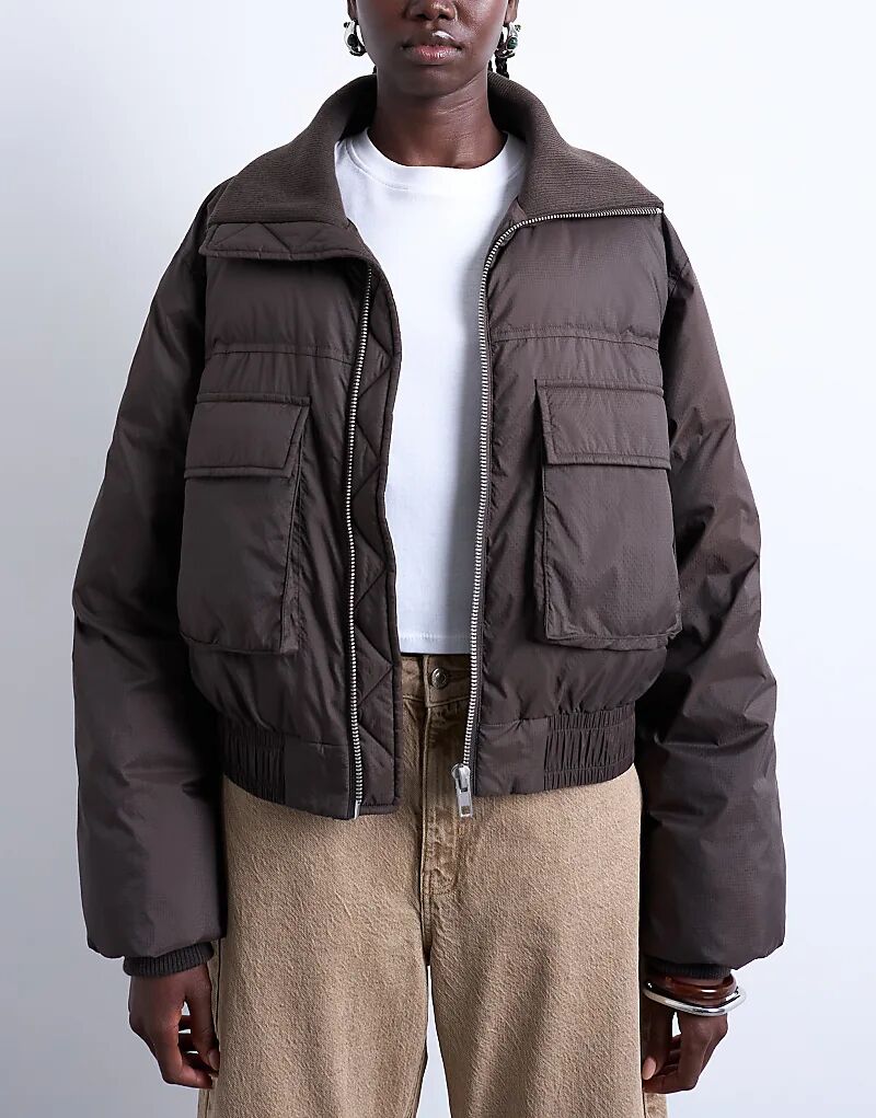 

Куртка-бомбер Topshop с коротким ребристым воротником шоколадного цвета