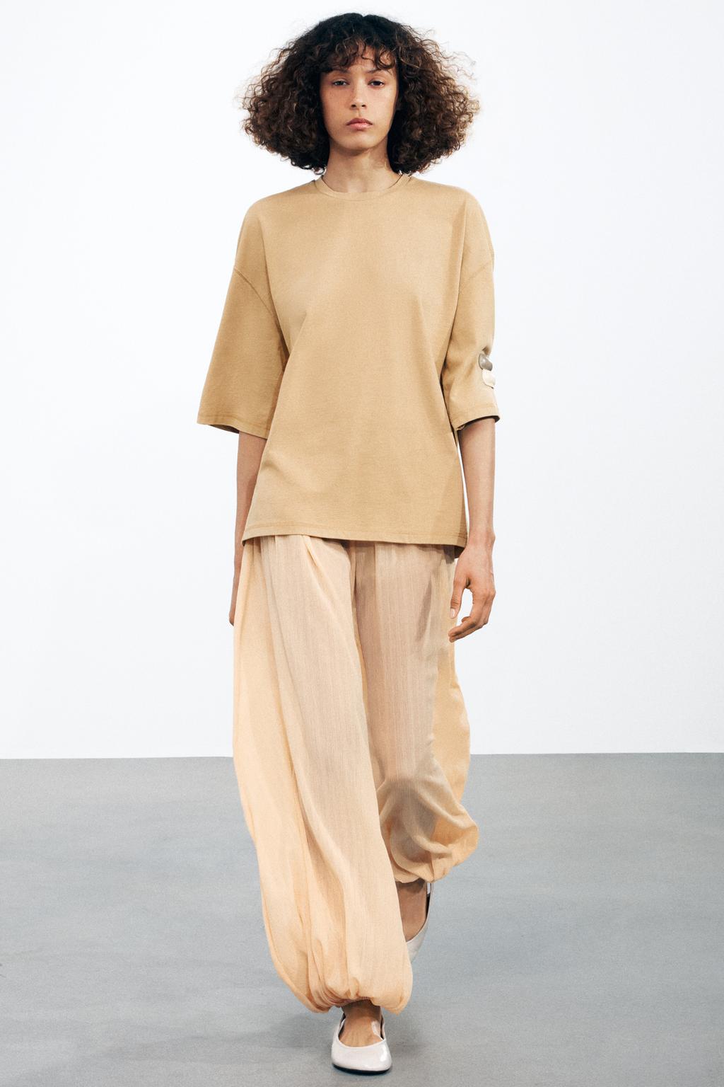 

Хлопчатобумажная футболка свободного покроя ZARA, цвет Light camel
