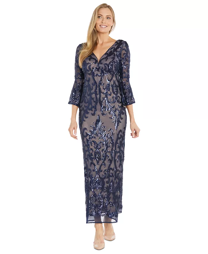 

Женское платье с V-образным вырезом и расклешенными рукавами с пайетками R & M Richards, синий