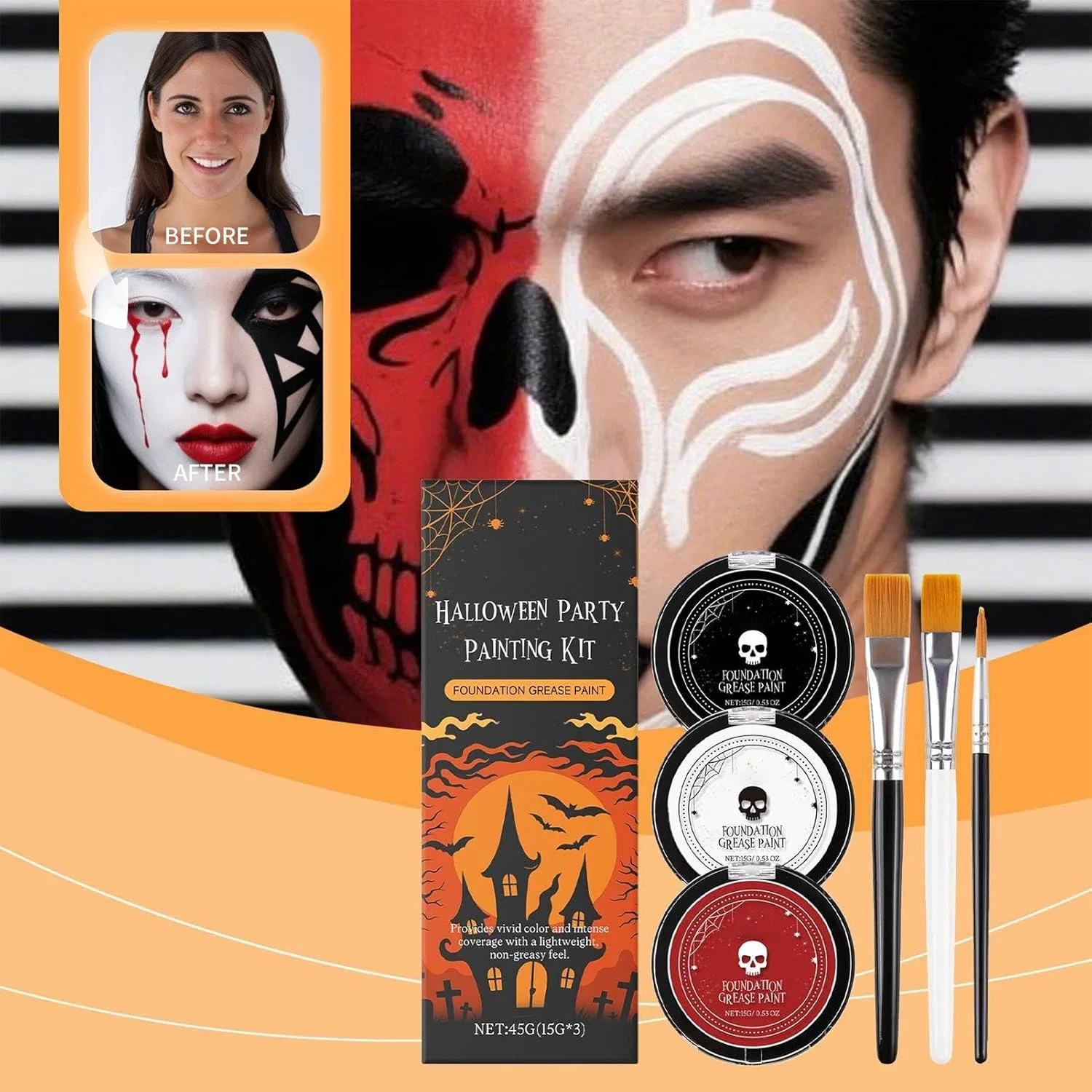 Грим для лица и тела White Foundation Gothic, набор из 3 цветов (белый, черный, красный) с кистями — фото 2