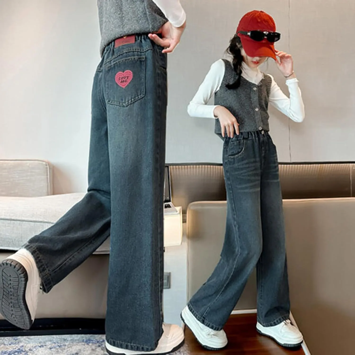 Джинсы для девочки Cute Preppy Trousers Y2k Streetwear Washed Wide Leg Denim Pants Elastic High Waisted Strechy Pull on Pant — фото 3