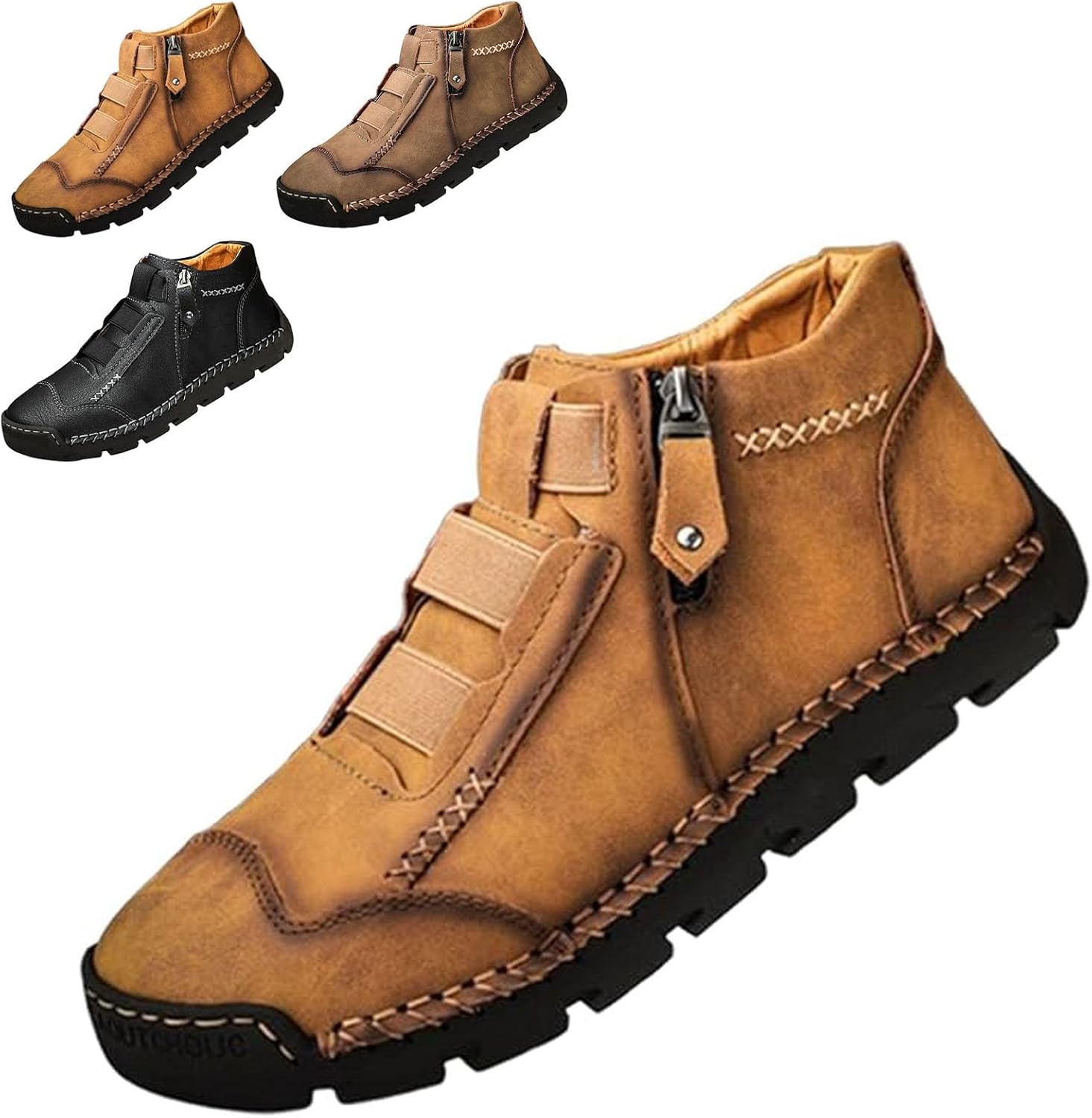 

Мужские повседневные лоферы на плоской подошве, с боковой молнией, без шнурков, из натуральной кожи, водонепроницаемые, противоскользящие, модные ортопедические туфли Generic, коричневый