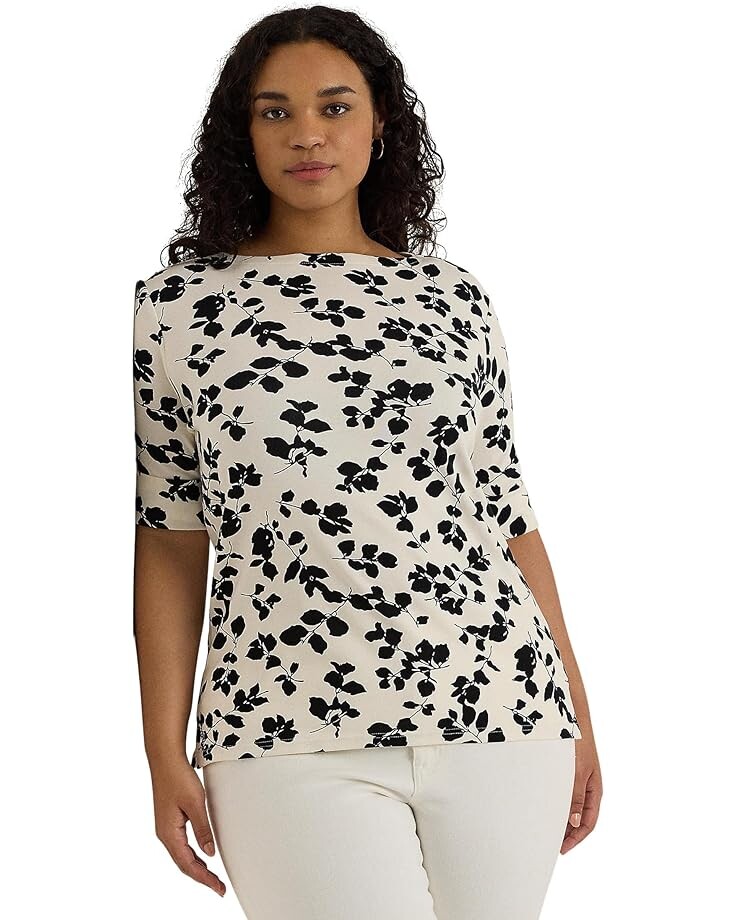 

Футболка LAUREN Ralph Lauren Plus-Size Leaf-Print Stretch Cotton Boatneck, цвет Cream/Black