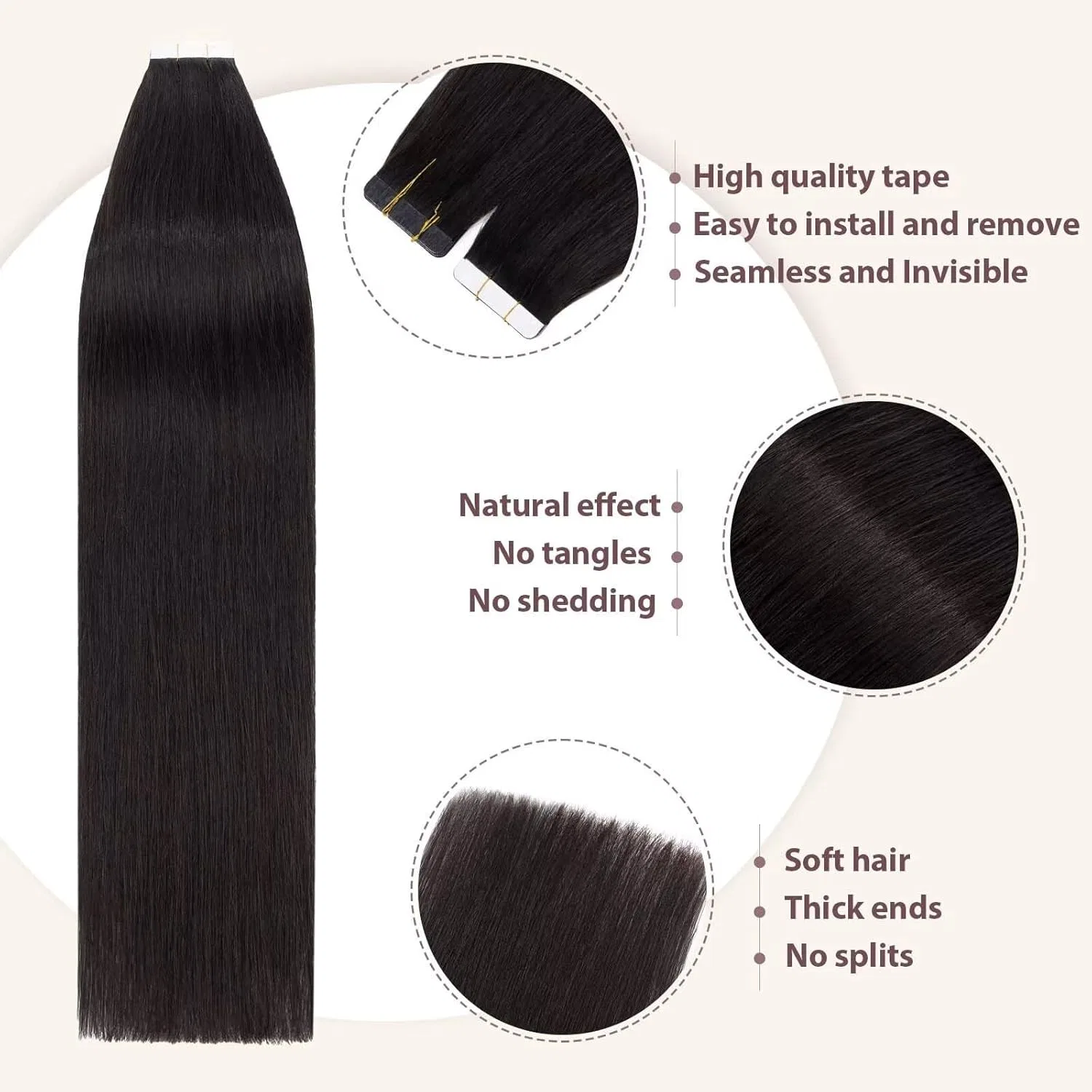 Накладные пряди TESS Smooth Remy Human Hair Tape-In Extensions, 45 см, натуральный черный (20 шт.) Tess, Natural Black — фото 3