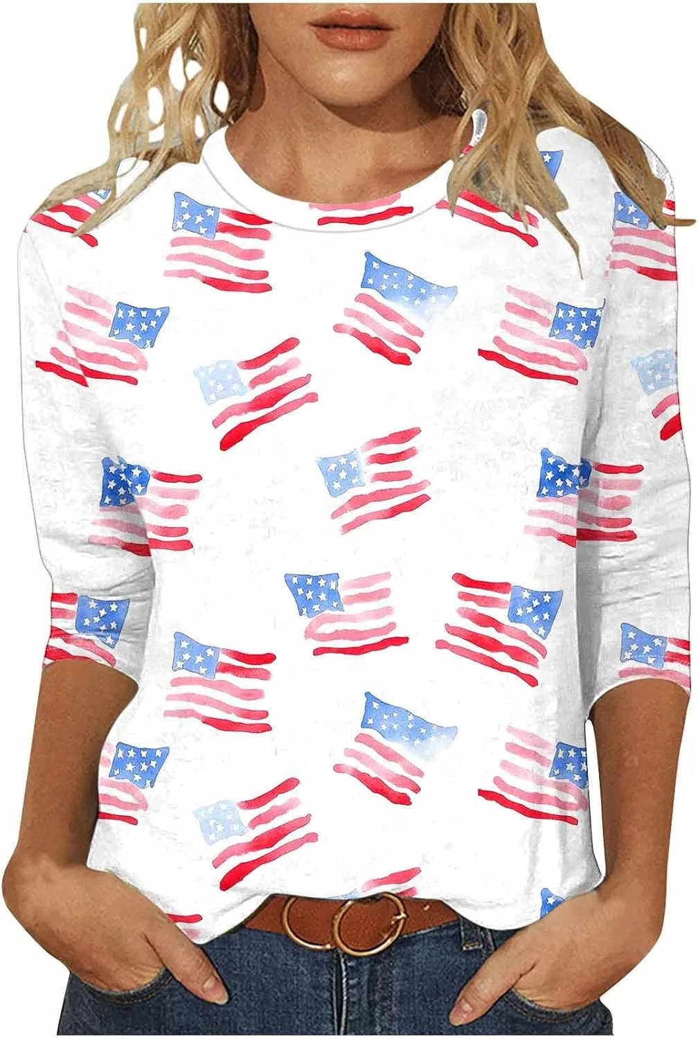 Женская футболка с длиной рукава 3/4, Patriotic American Flag, белый