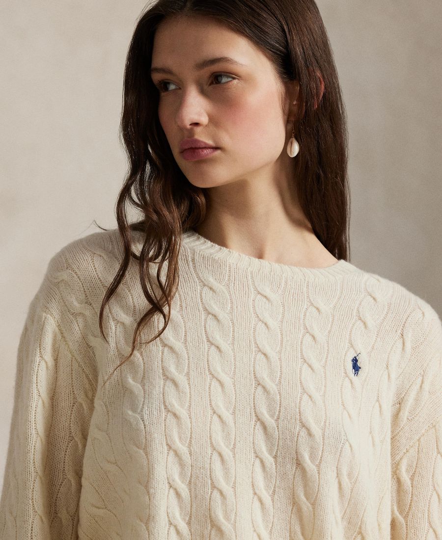 Женский свитер с круглым вырезом из шерсти и кашемира с косами Polo Ralph Lauren, Authentic Cream — фото 3