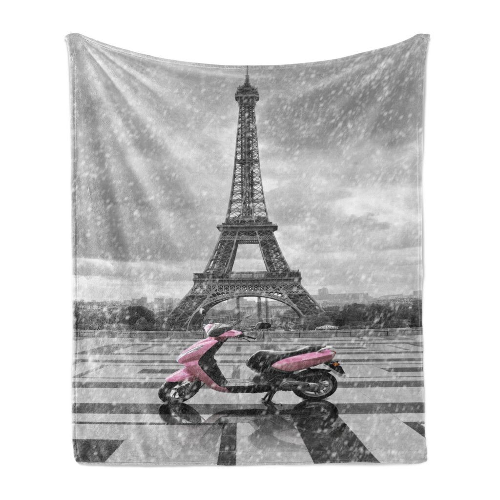 

Мягкое фланелевое флисовое одеяло ABAKUHAUS с Эйфелевой башней, мопед Paris Scene, уютный плюш для использования в помещении и на улице, 125 x 175 см, серо-розовый