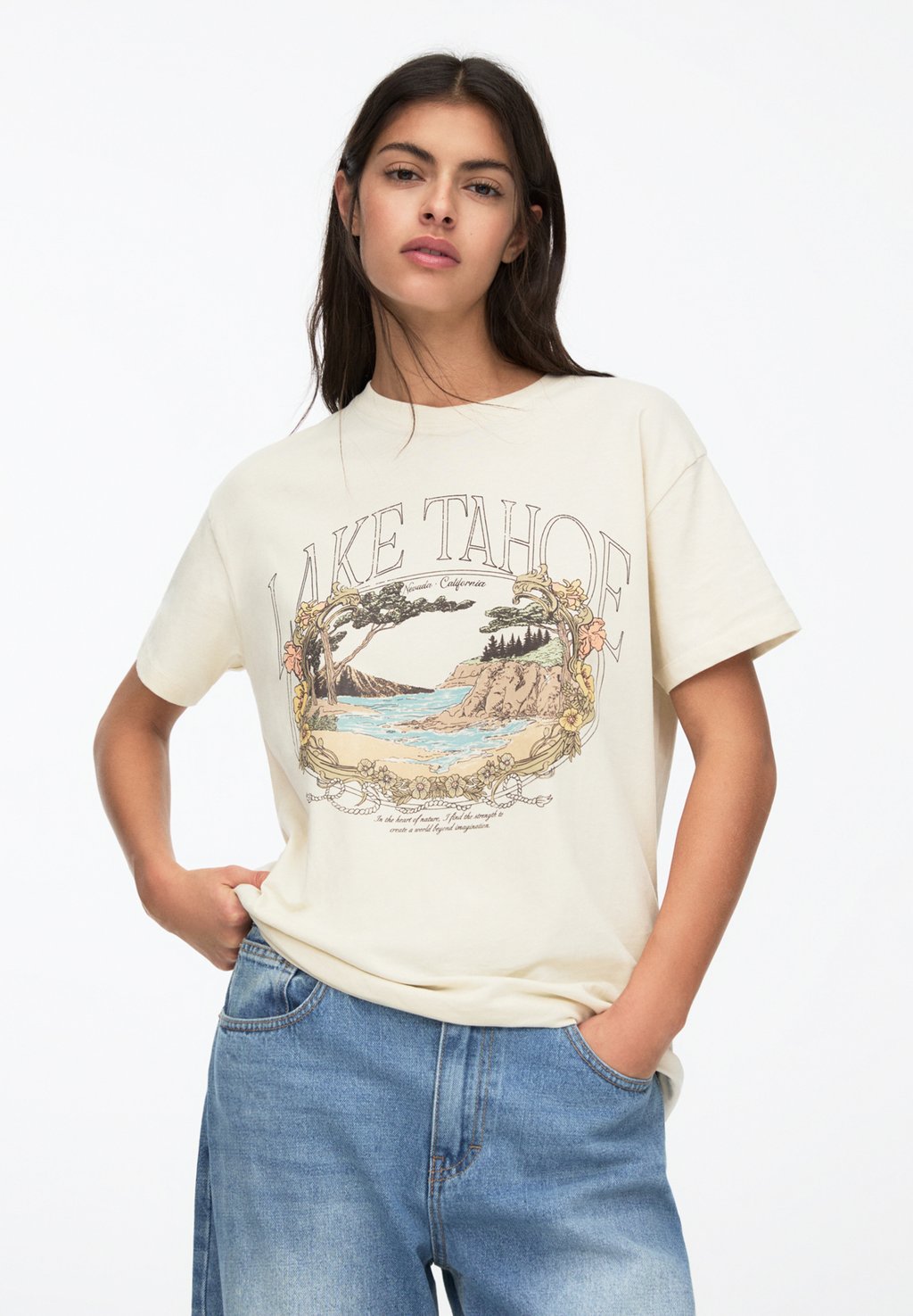 

Футболка с принтом LAKE TAHOE PULL&BEAR, белый