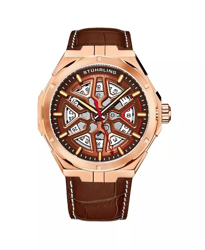 

Мужские автоматические часы с ремешком из натуральной кожи с тиснением аллигатора и декоративной строчкой Stuhrling, розовый