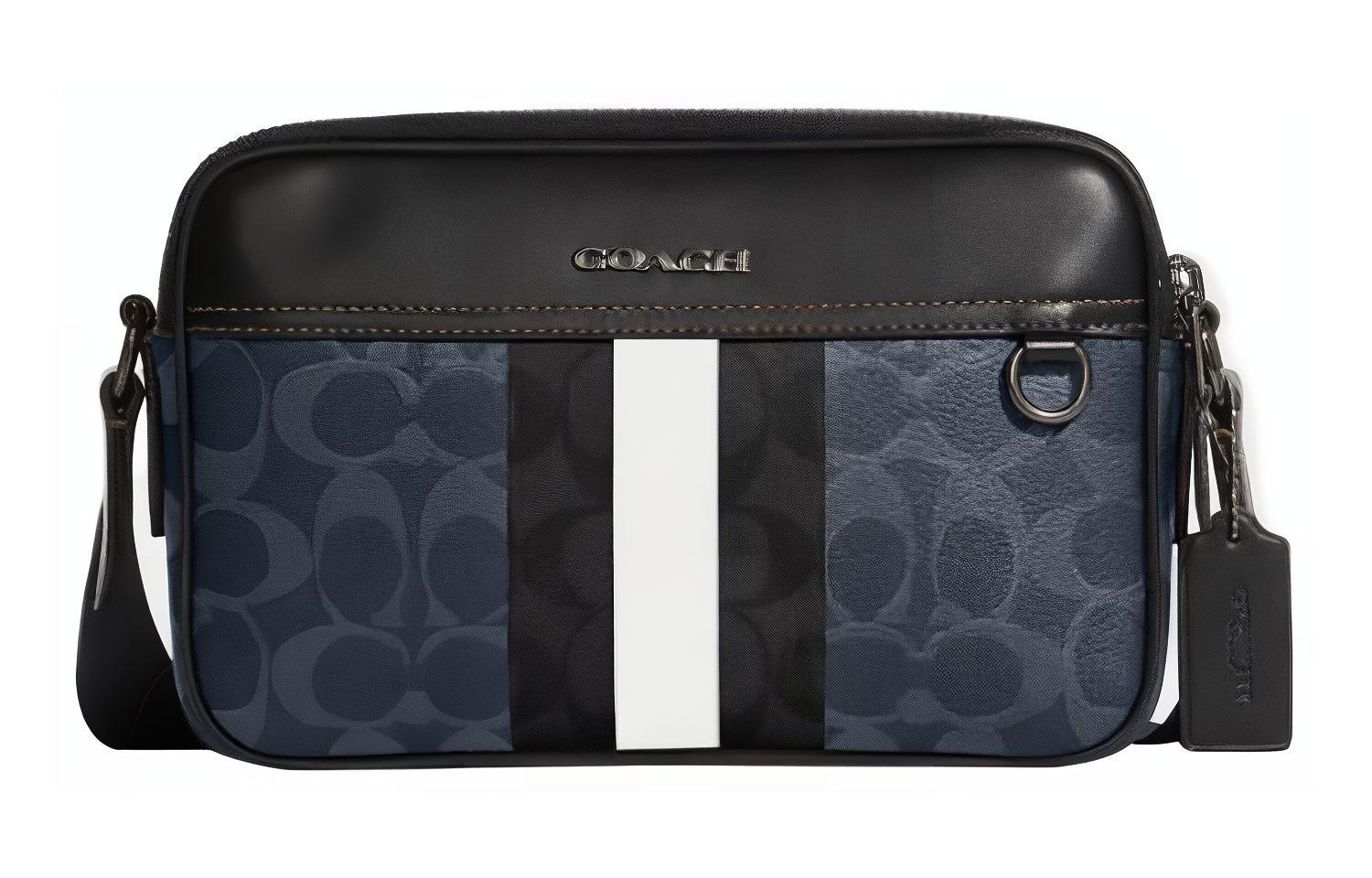 

COACH Сумка Graham Stripes с кожаными вставками, маленькая квадратная, через плечо, на плечо, средняя, мужская, джинсовый синий