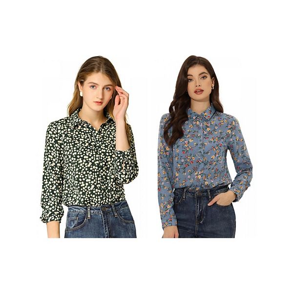 

2 упаковки женской рубашки с длинным рукавом и цветочным принтом Inspire Chic, Gray Blue Dark Green