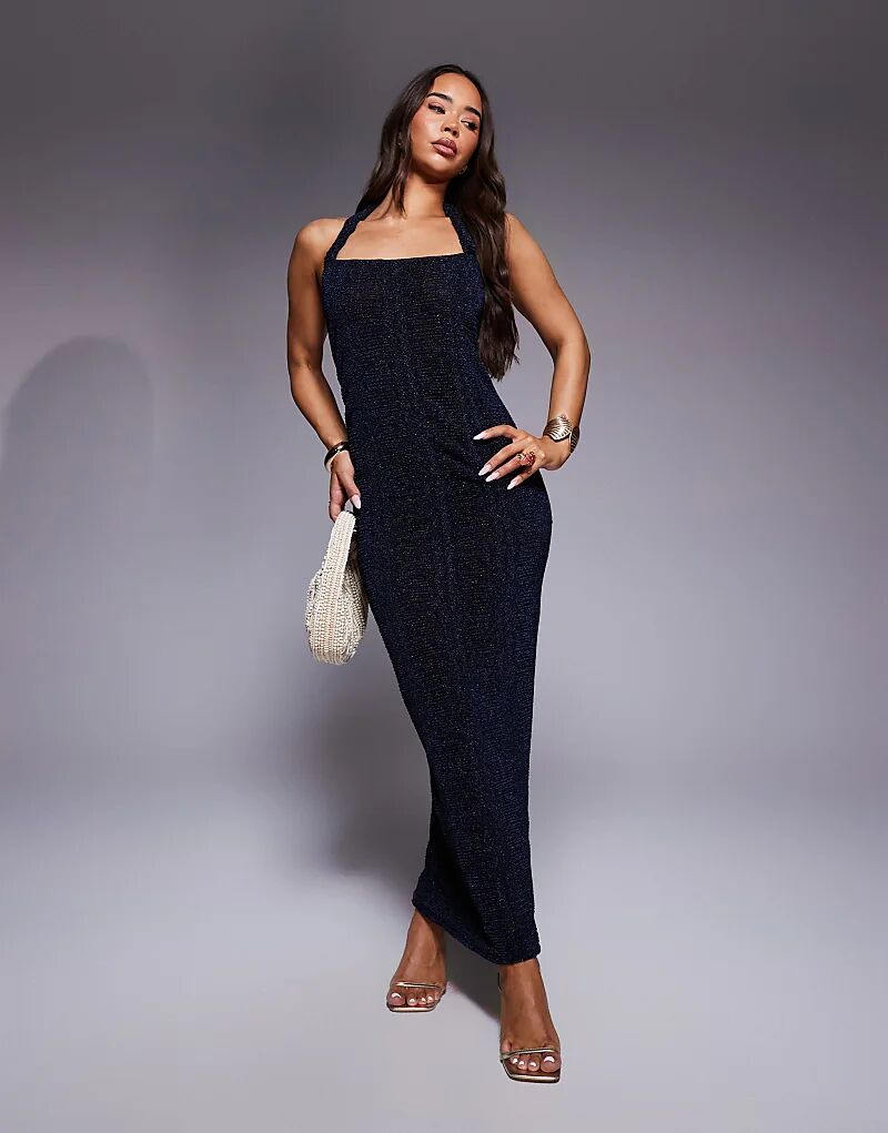 

Платье макси ASOS DESIGN с квадратным вырезом и отделкой на бретельках, металлик, темно-синее