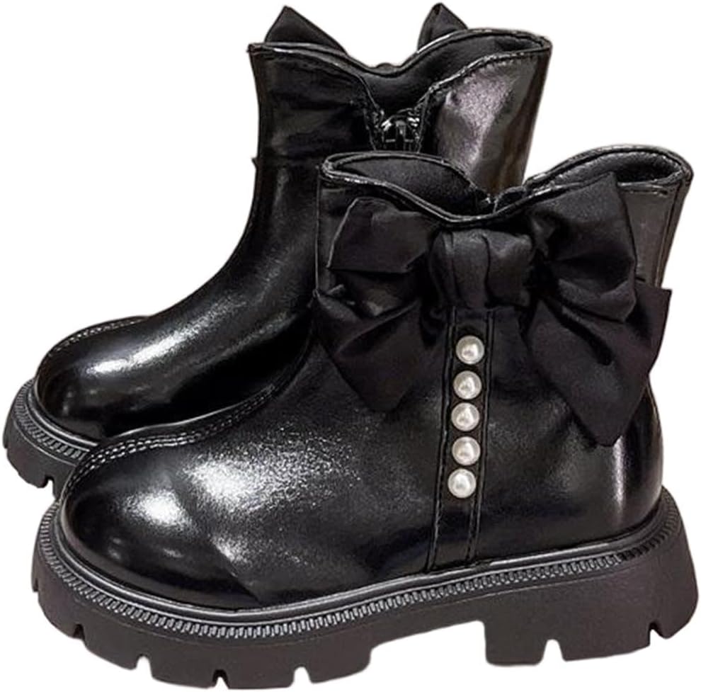 

Ботинки с бантом на щиколотке из искусственной кожи для девочек, с боковой молнией, зимние, теплые, стойкие к скольжению, короткие ботильоны, малыши и подростки, милые Generic, Black
