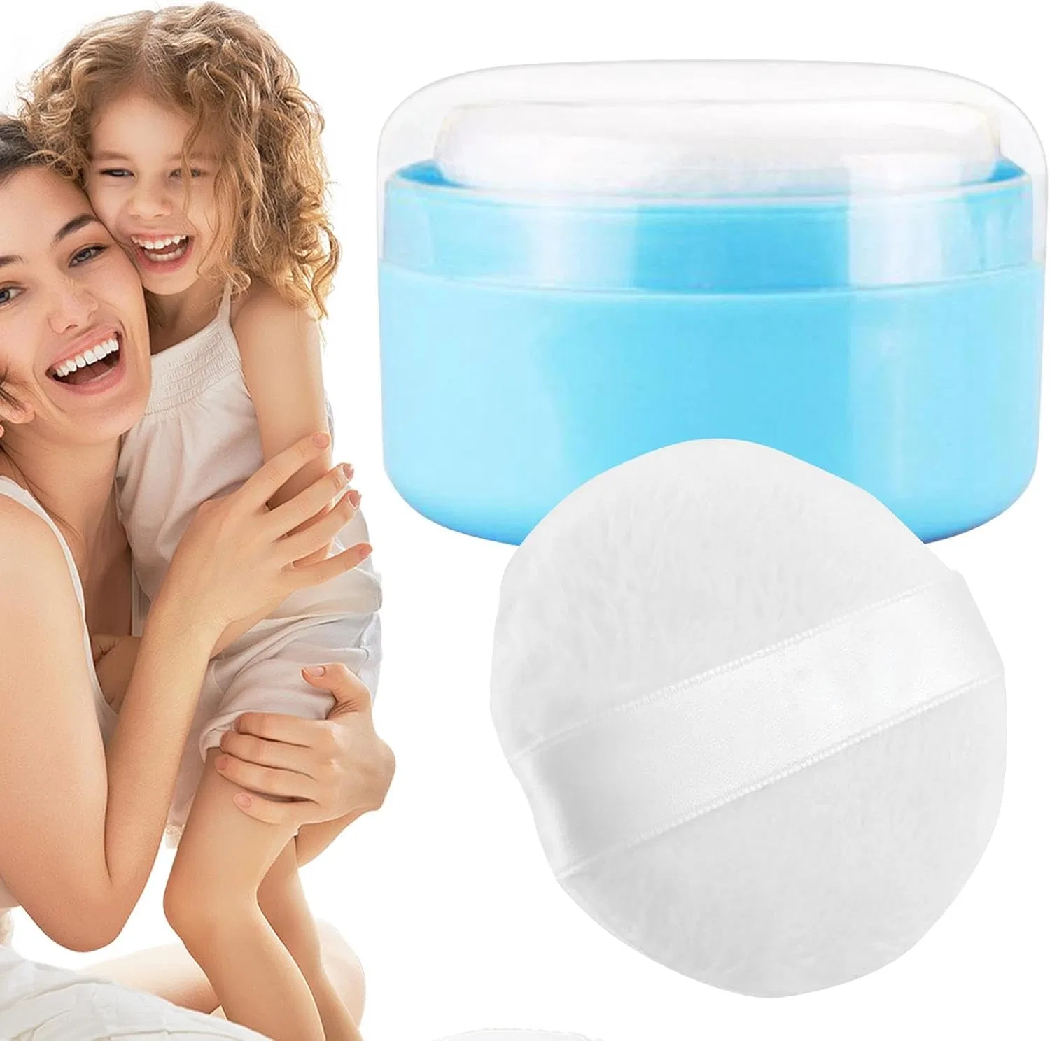Контейнер для талька с пуховкой, PP, синий, 10x10 см