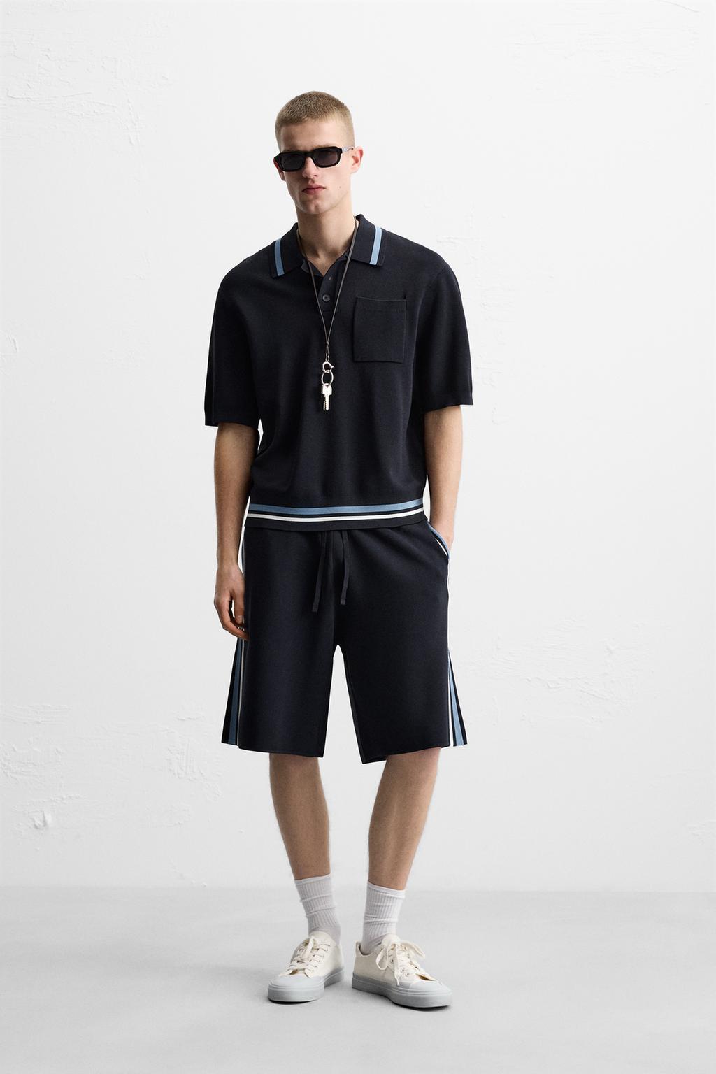 

Трикотажные шорты-бермуды с боковыми полосками ZARA, цвет Dark navy