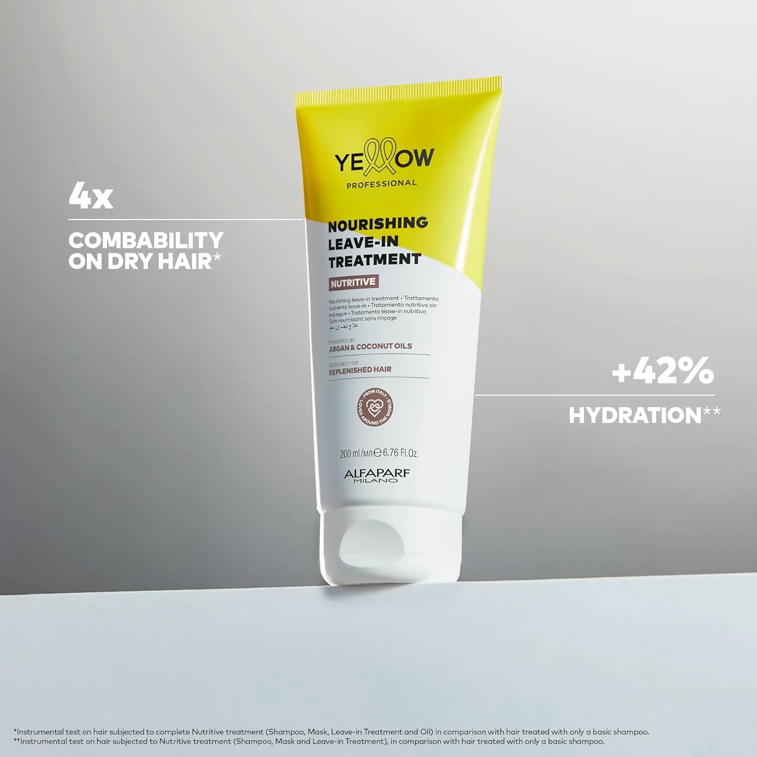 Alfaparf Milano Yellow Professional Питательный несмываемый кондиционер для сухих волос - на основе арганового и кокосового масел - разработан для восстановления волос (200 мл), Yellow — фото 2