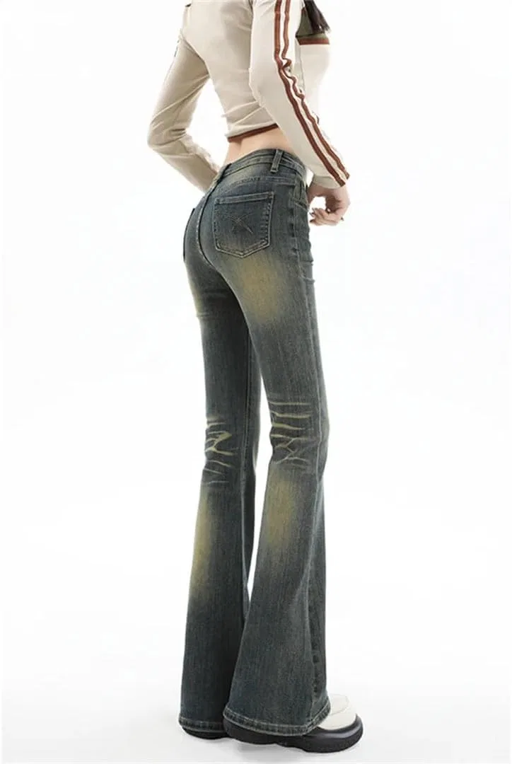 Джинсы клеш ретро, Women Korean Retro Bootcut Jeans Casual Street Y2K Stretch Flared Trousers Denim Pants, 1155 — фото 3