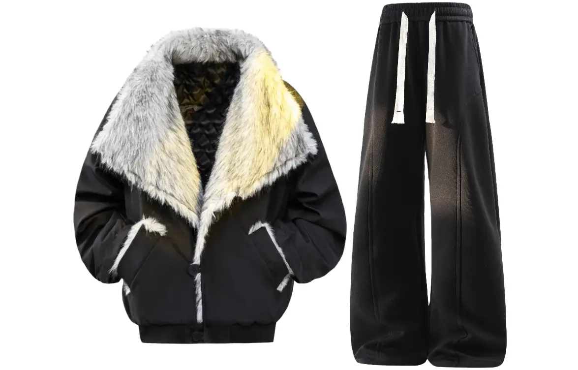 

Повседневный спортивный костюм Unisex с лацканами, утолщенный и с флисовой подкладкой X1617, черный jacket puffer jacket+черный fleece-lined pants