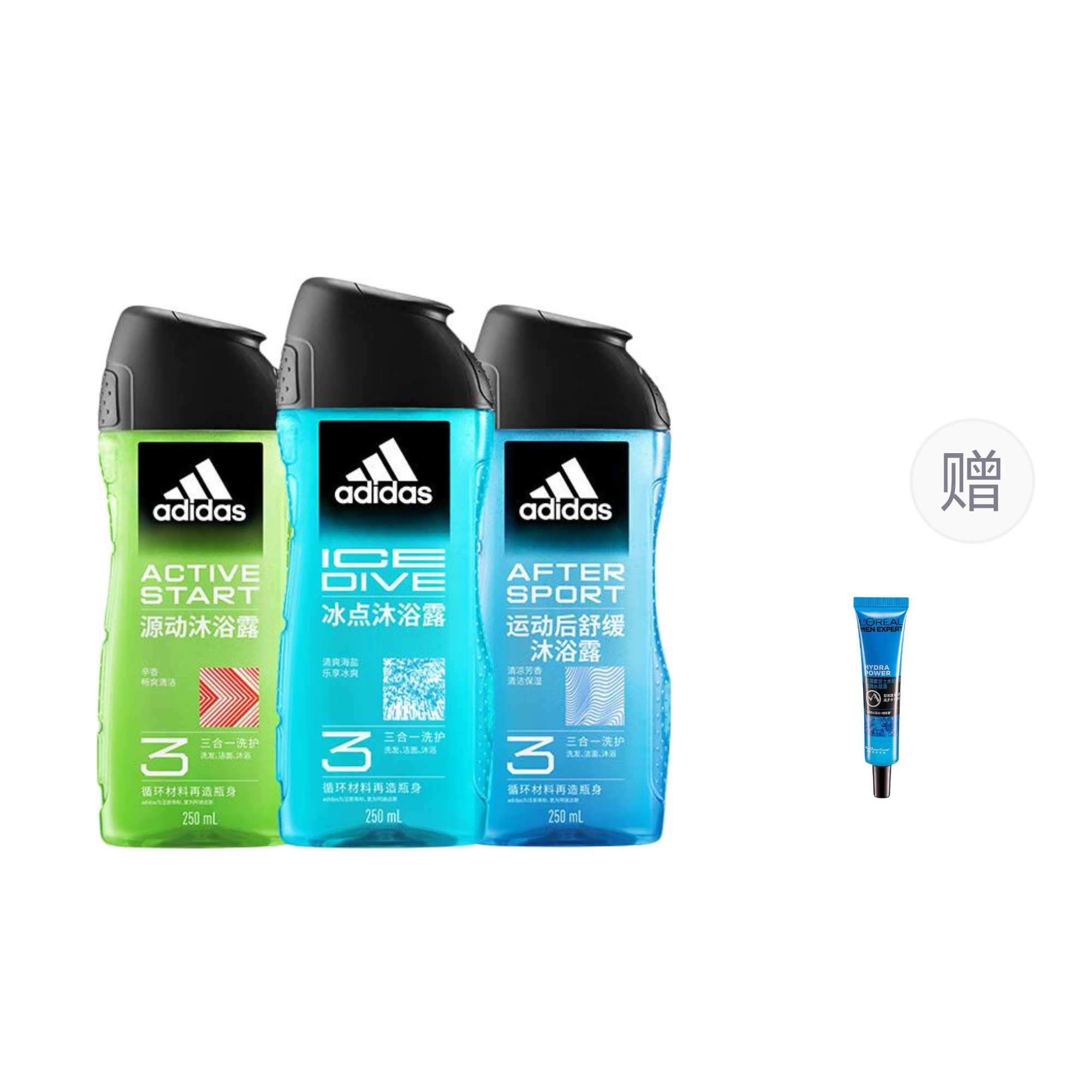 

Мужские гели для душа Adidas, (soothing+ice point+source energy) 250ml+15ml sample