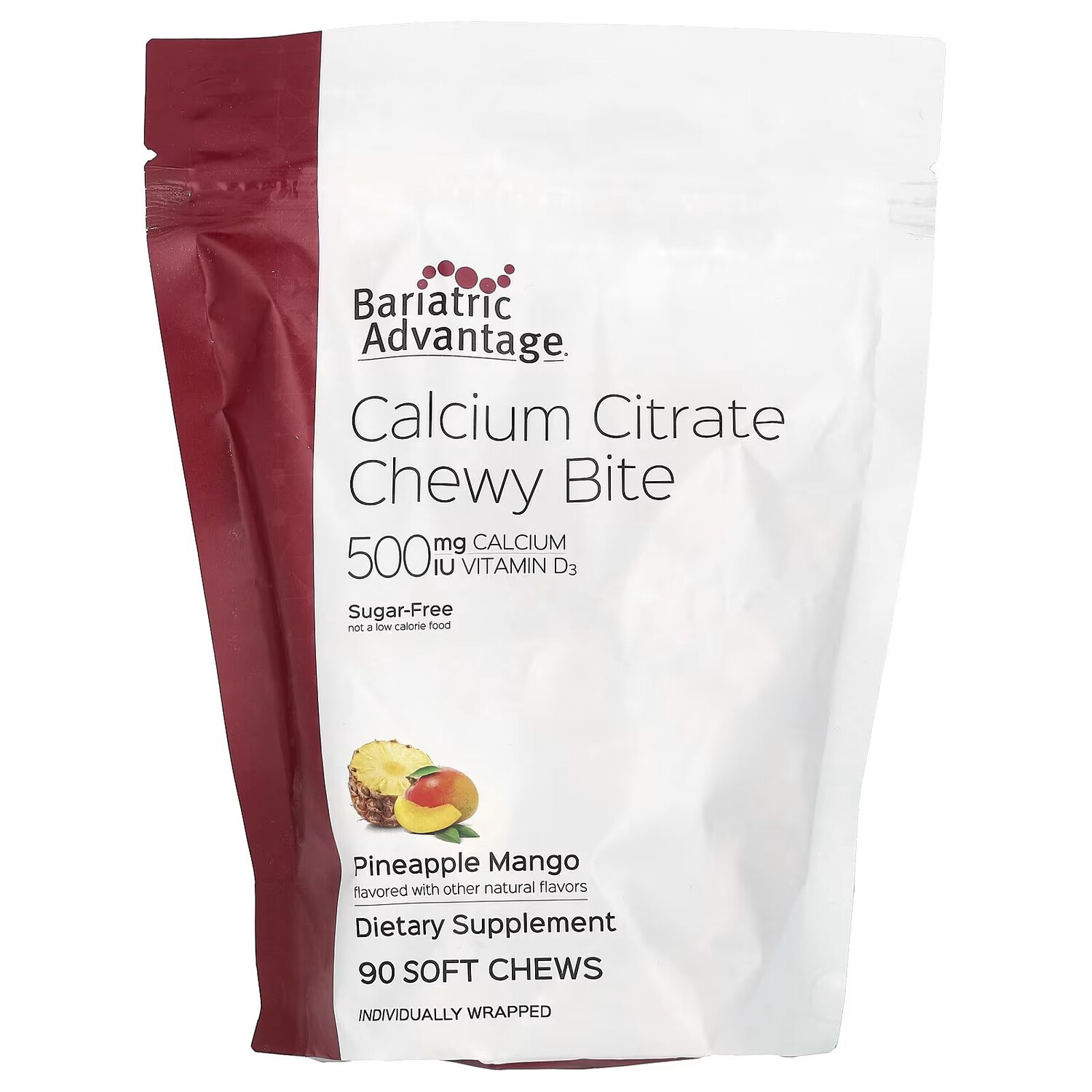 

Chewy Bite с цитратом кальция, без сахара, ананас и манго, 90 мягких жевательных конфет Bariatric Advantage
