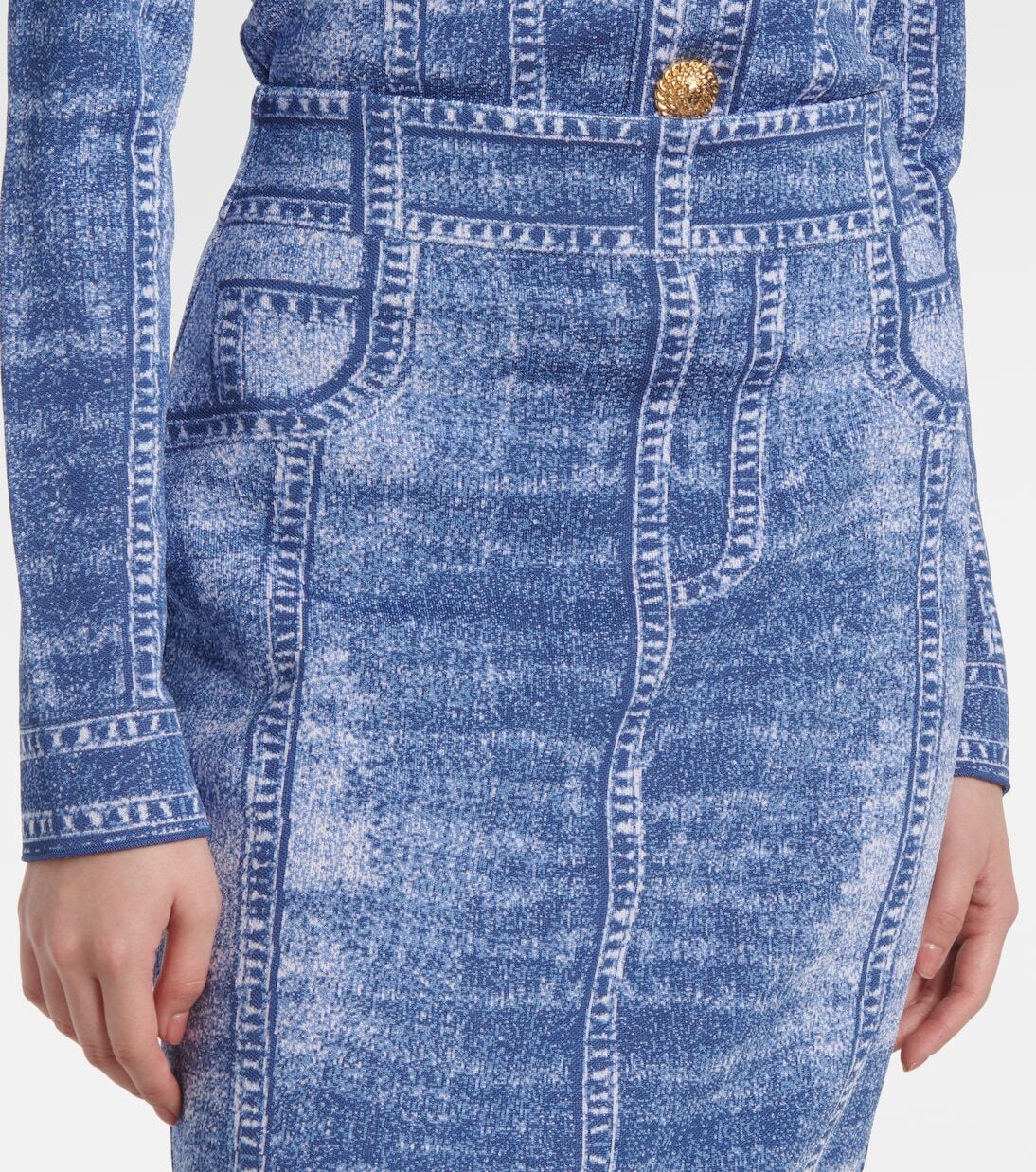 Трикотажная юбка миди Trompe l'œil Balmain, Bleu Jean — фото 4