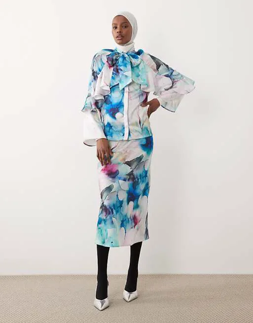 

Атласная юбка макси IAAL с акварельным цветочным принтом