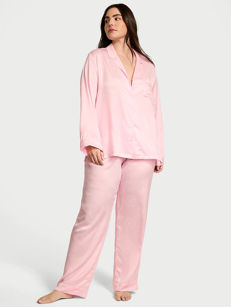 

Длинный пижамный комплект из глянцевого атласа Victoria'S Secret, jacquard angel pink crest jacquard