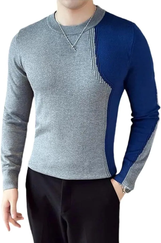 Мужской свитер с длинным рукавом и цветным пэчворком — Slim Fit O-Neck Pullover