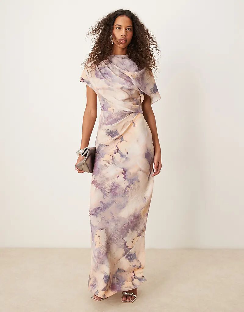 

Платье макси ASOS DESIGN с высоким воротом, драпированным лифом и кейпом с цветочным принтом