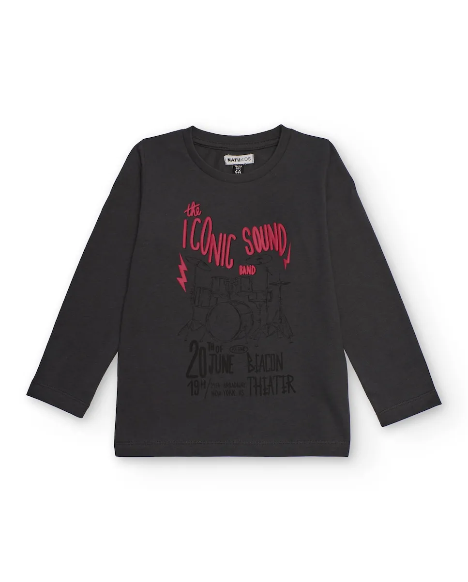 

Детская футболка с длинным рукавом темно-серого цвета с музыкальным принтом Tuc tuc