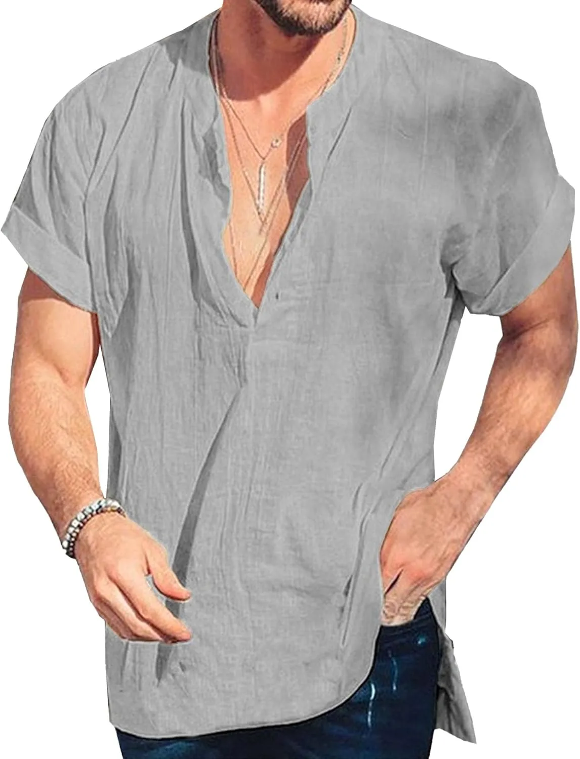 

Мужская летняя футболка с круглым вырезом и короткими рукавами, из хлопка и льна, дышащая и удобная Maiyifu-GJ