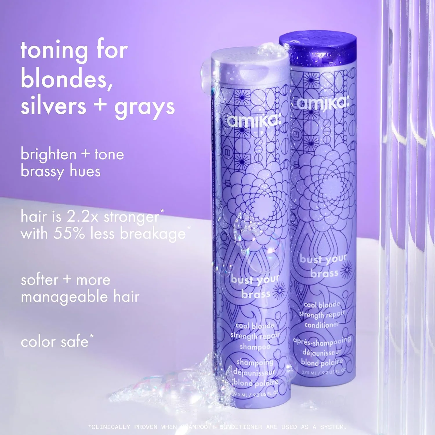 Кондиционер для восстановления волос Amika Bust Your Brass Cool Blonde Strength, 275 мл — фото 2