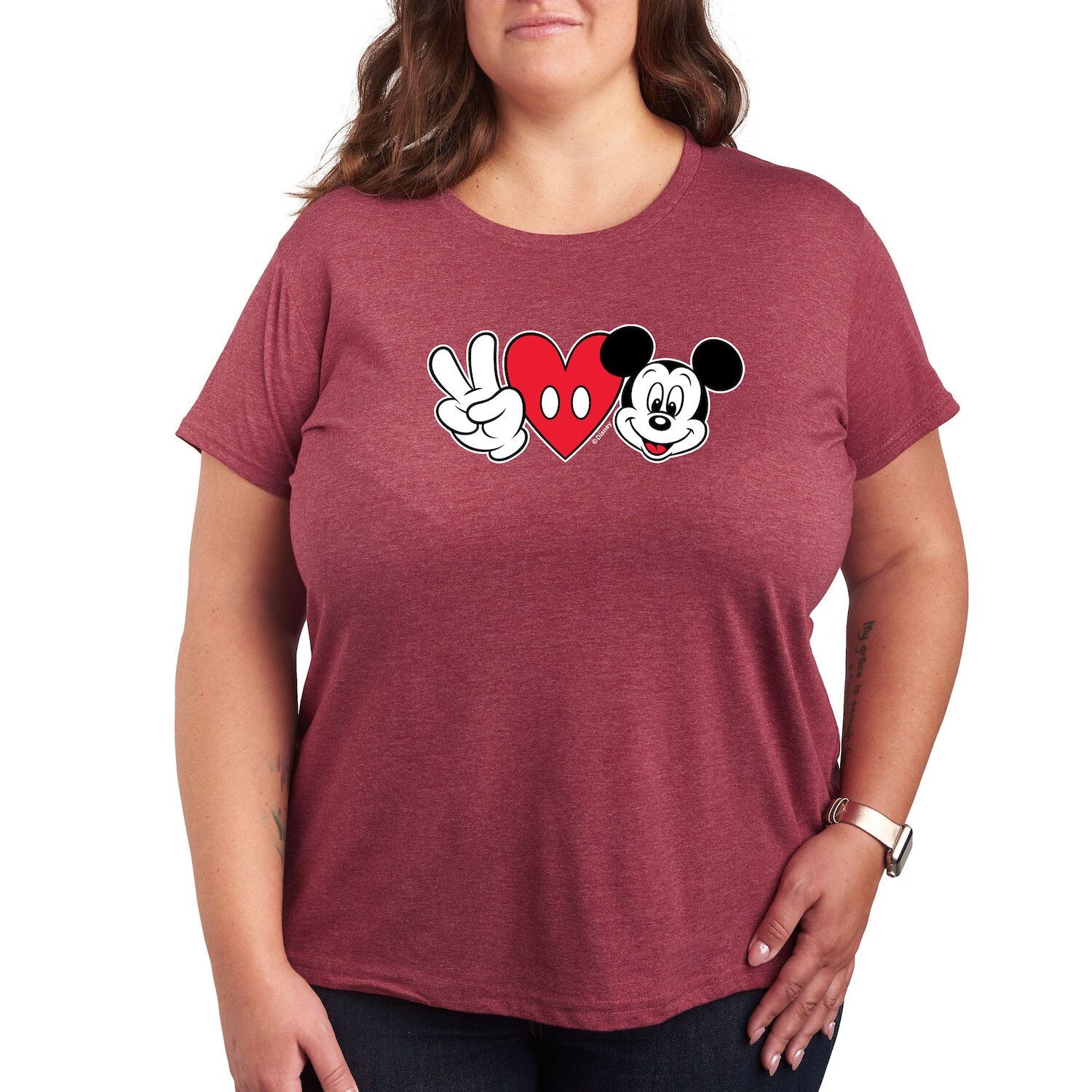 

Футболка Missy размера плюс с рисунком Disney Peace Love Mickey Licensed Character, темно-красный