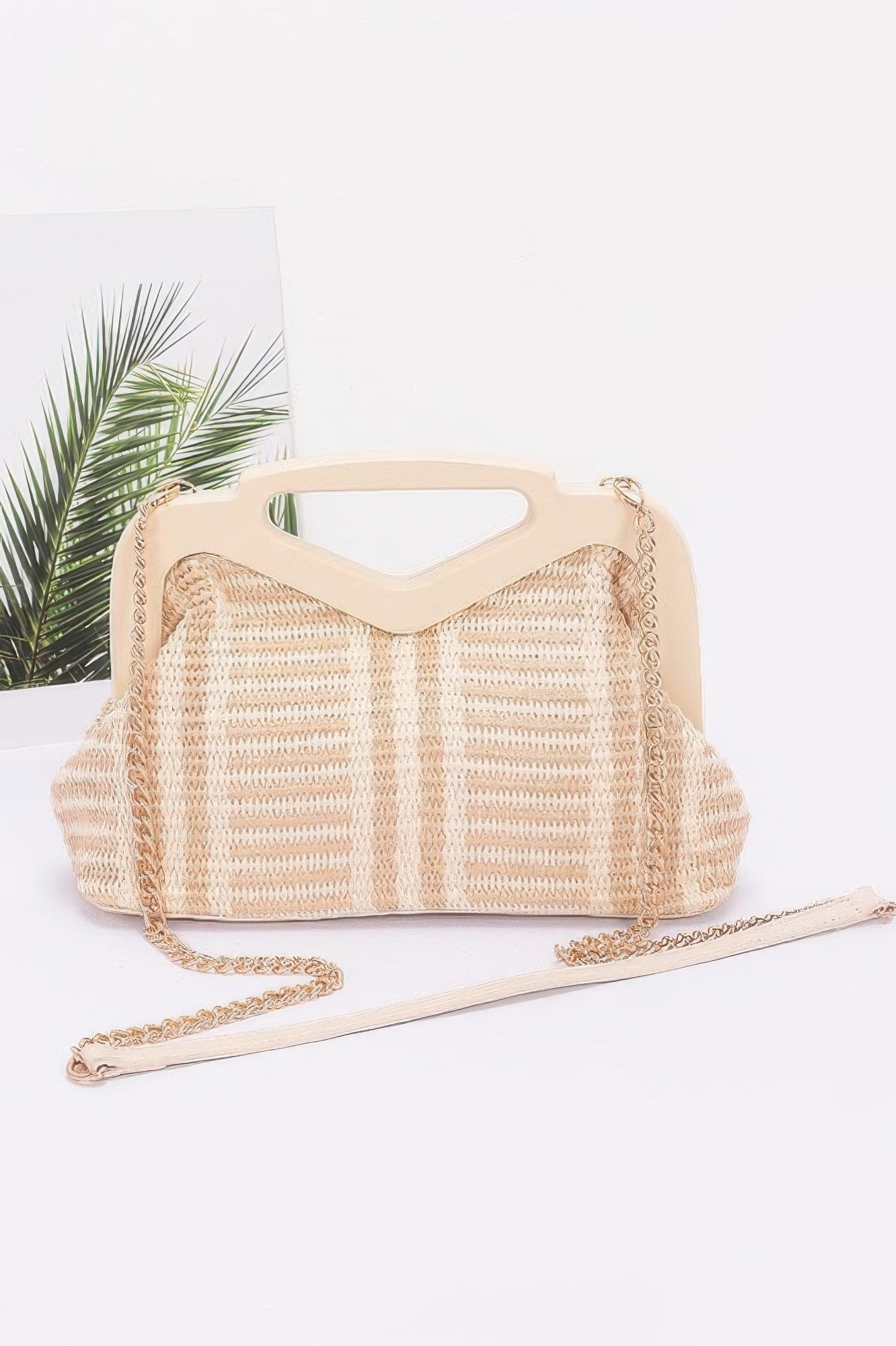 

Искусственная соломка деревянная рамка клатч FASHNZFAB, бежевый