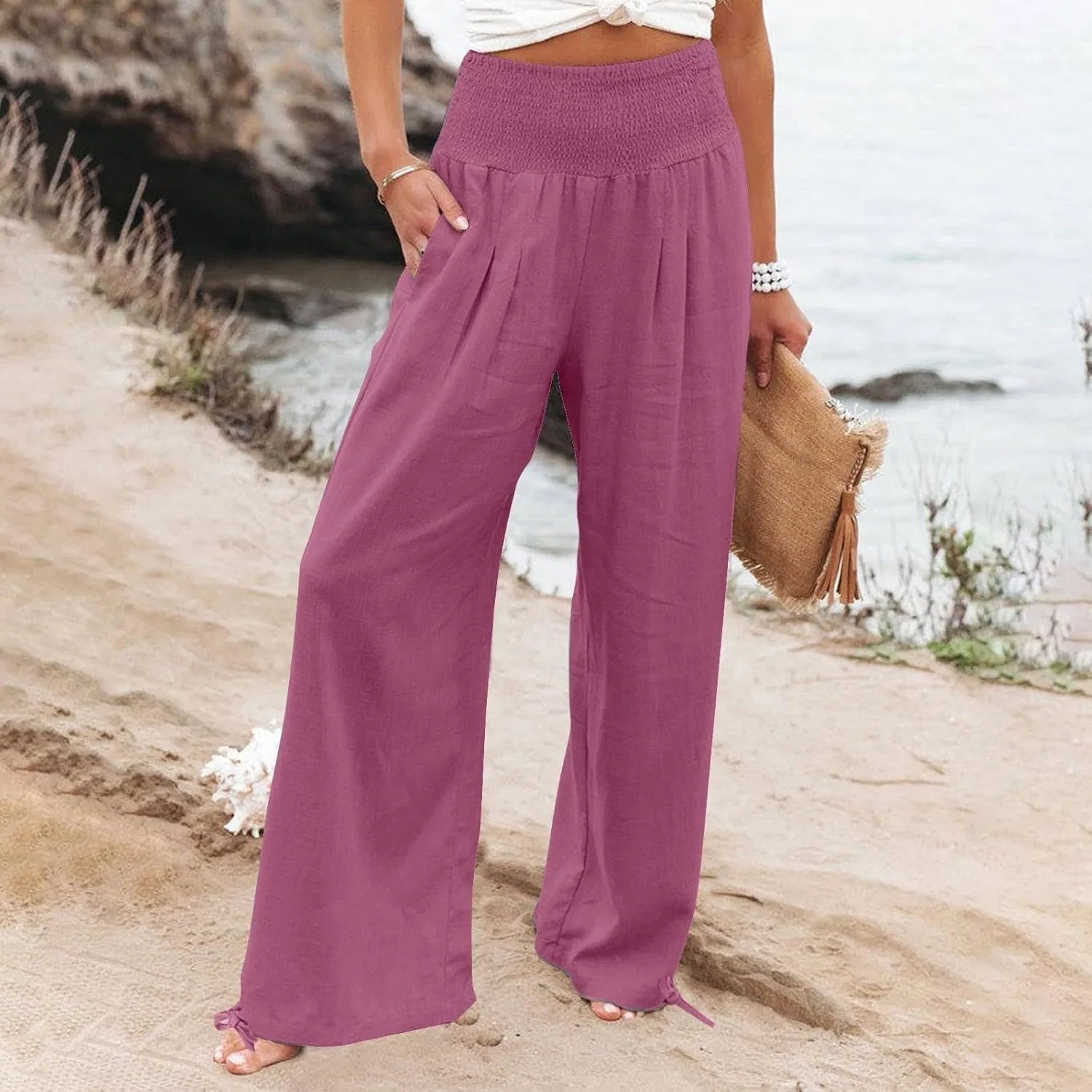 Женские брюки палаццо из льна и хлопка, свободные, с карманами, A01_hot Pink — фото 3