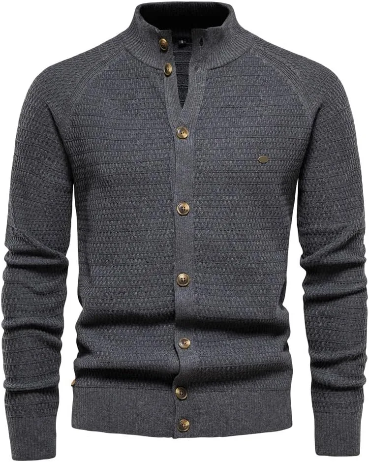 

Мужской кардиган с длинным рукавом и воротником стойкой, вязаный с узором коса LUORUAN