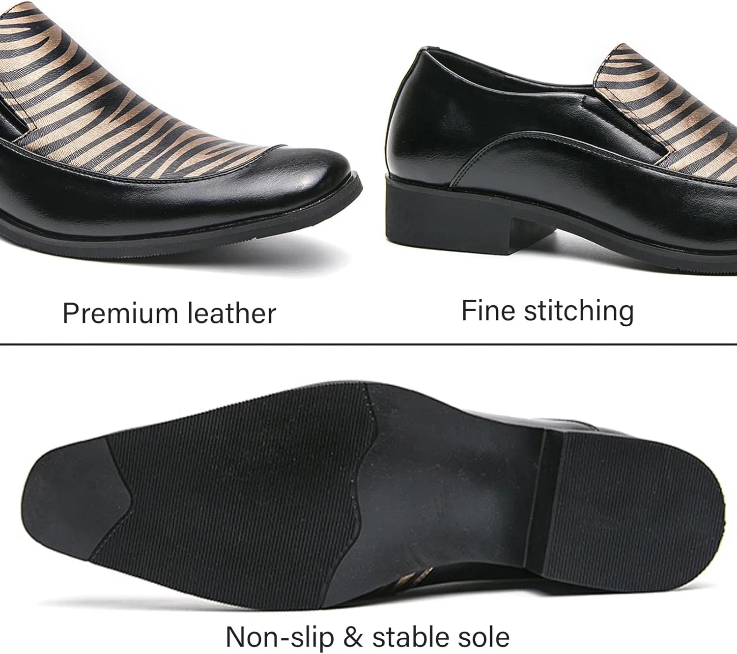 Лоферы мужские с каблуком, Zebra, Square Toe Patent Leather, Black NENGMAON — фото 4
