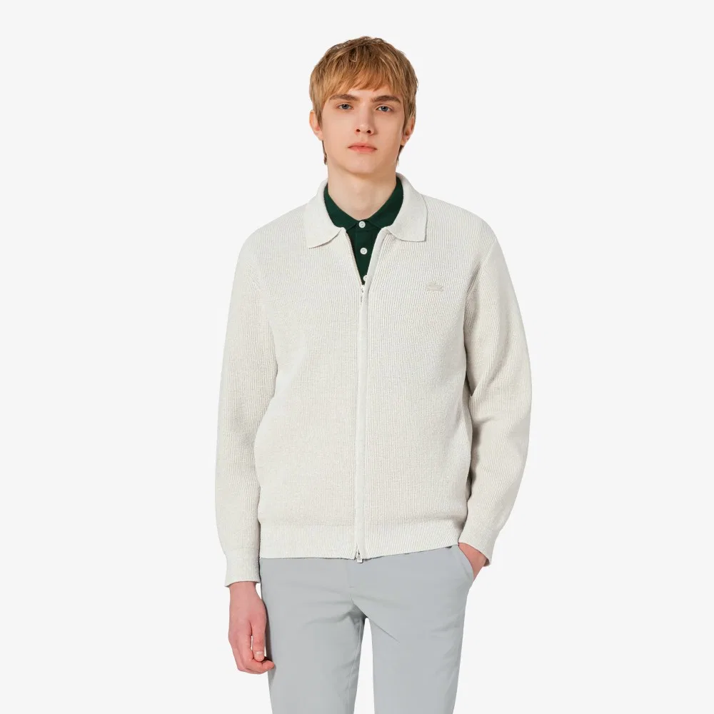 Мужской кардиган-поло на молнии с ребристой отделкой айвори от Lacoste — фото 4