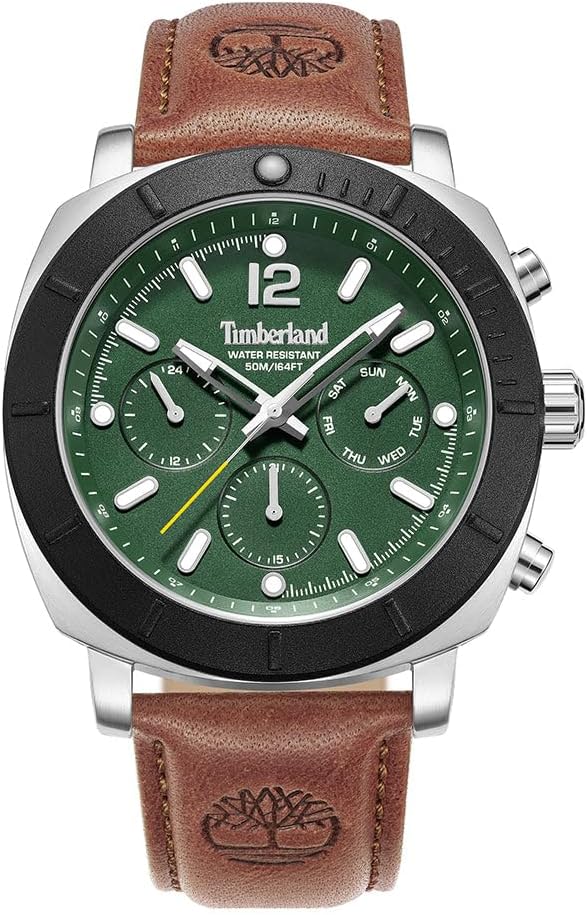 

Мужские часы Timberland - прочный циферблат, многофункциональный механизм, кожаный ремешок, Green - Brown Leather